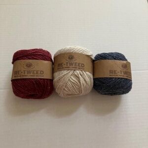 Lion Brand Re-Tweed Yarn 3 skeins Vineyard Wine, Hay & Dutch Blue